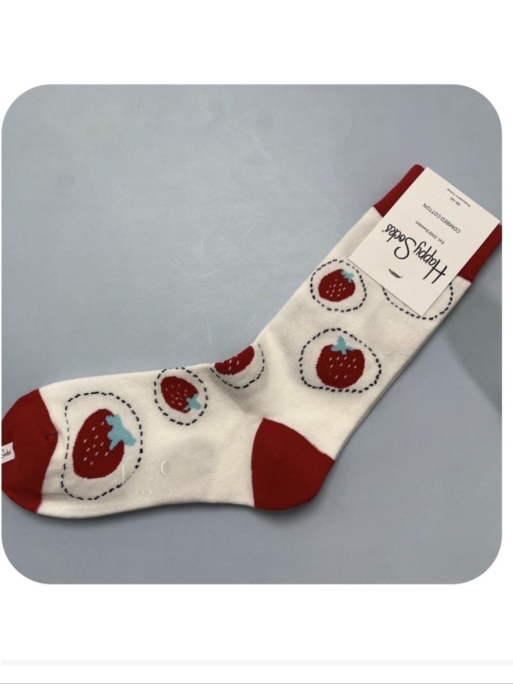 Happy Socks Cream Crew Socks with Strawberry Motif